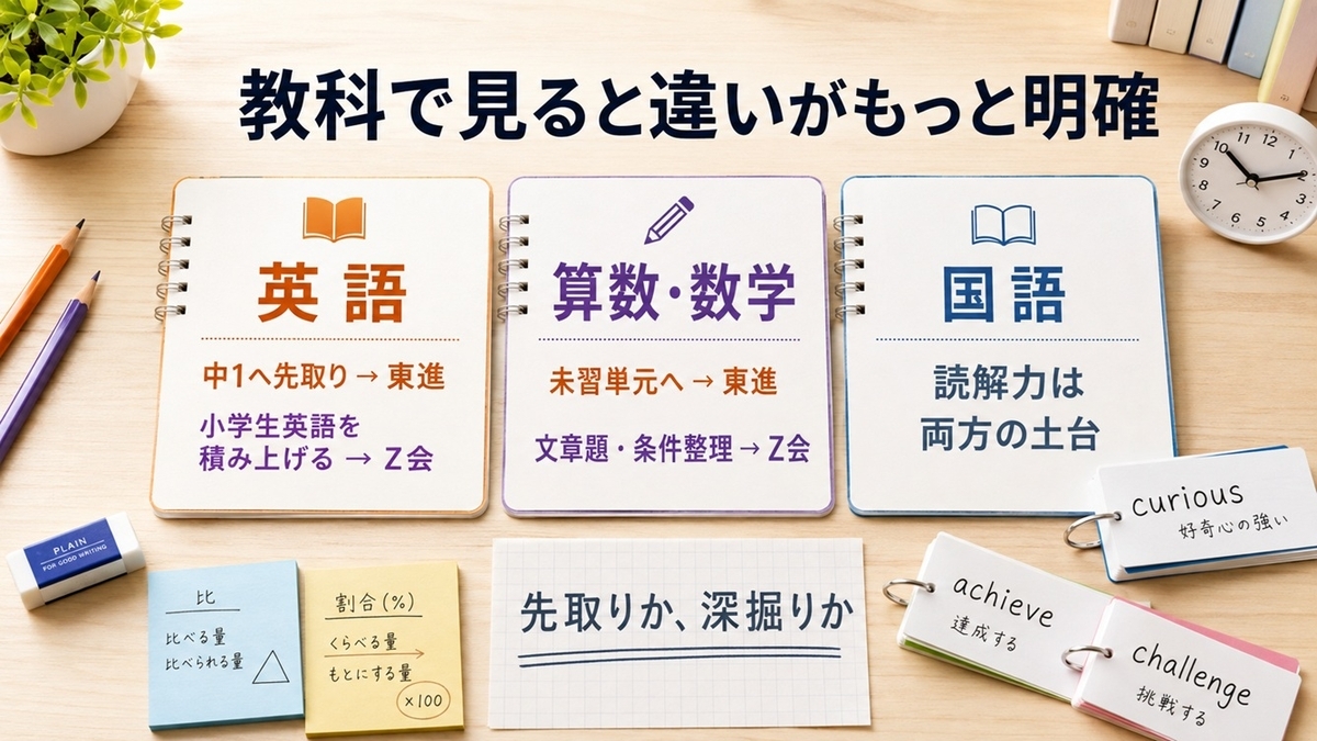 東進オンライン学校とZ会の英語算数国語の中学準備比較