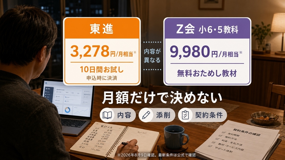 東進オンライン学校とZ会小学生コースの料金お試し契約条件比較
