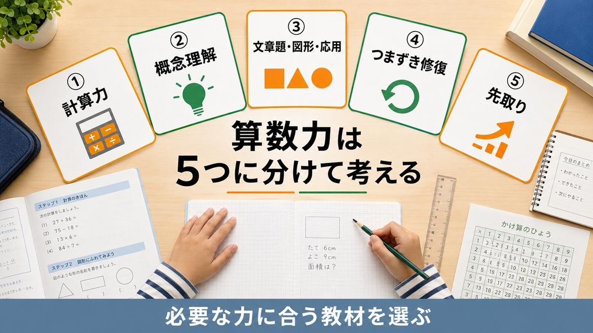 小学生の算数力を計算力・概念理解・応用・つまずき修復・先取りの5要素で整理した図