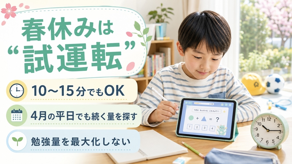 春休みに通信教育を10分から15分試して4月も続く学習量を確認する小学生