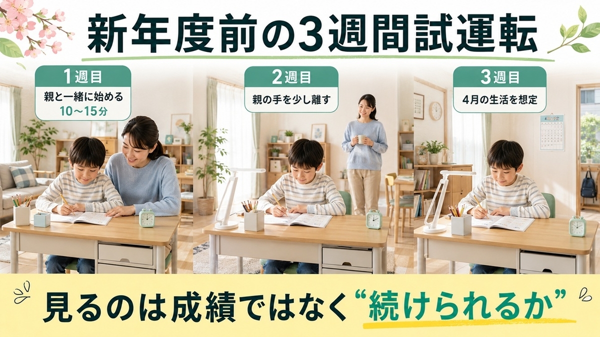 小学生の通信教育を3週間で試運転し親の付き添いから自立学習へ移す新年度準備