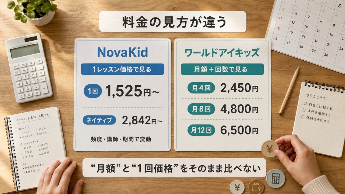 NovaKidの1レッスン料金とワールドアイキッズの月額料金の比較