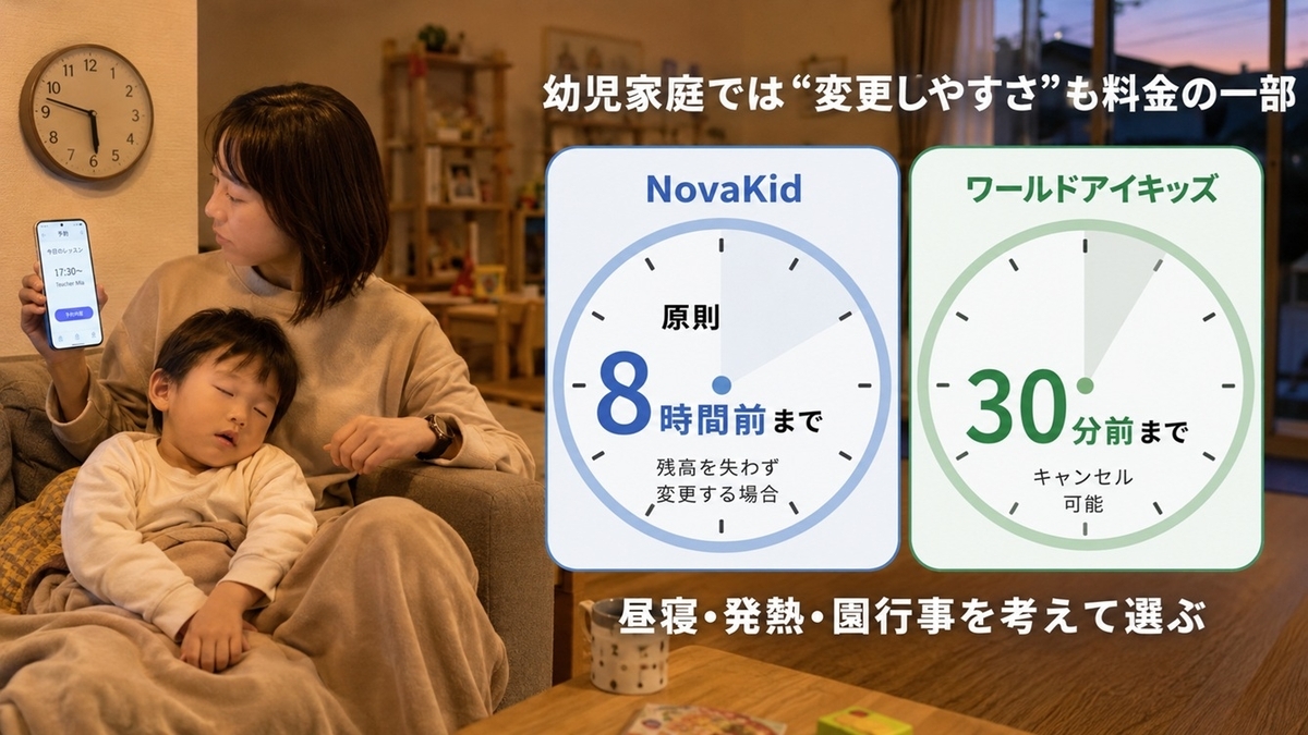 NovaKidは原則8時間前、ワールドアイキッズは30分前までのキャンセル条件比較