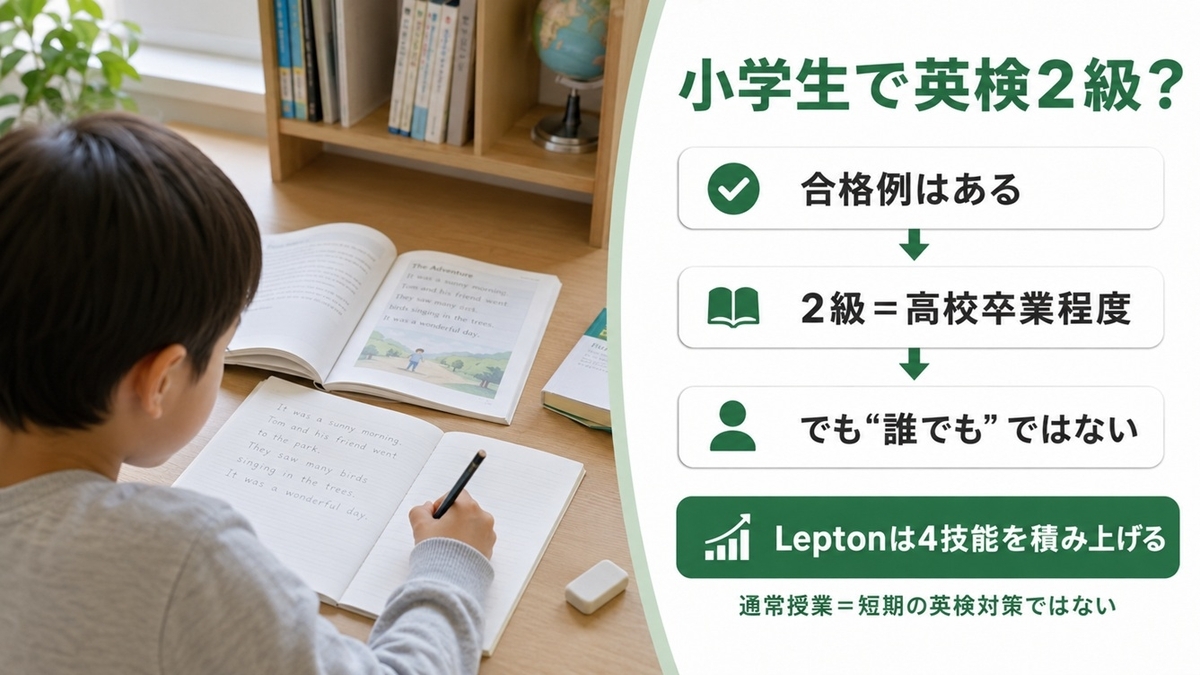 Leptonで小学生が英検2級を目指す場合の合格例と高校卒業程度という難易度の考え方