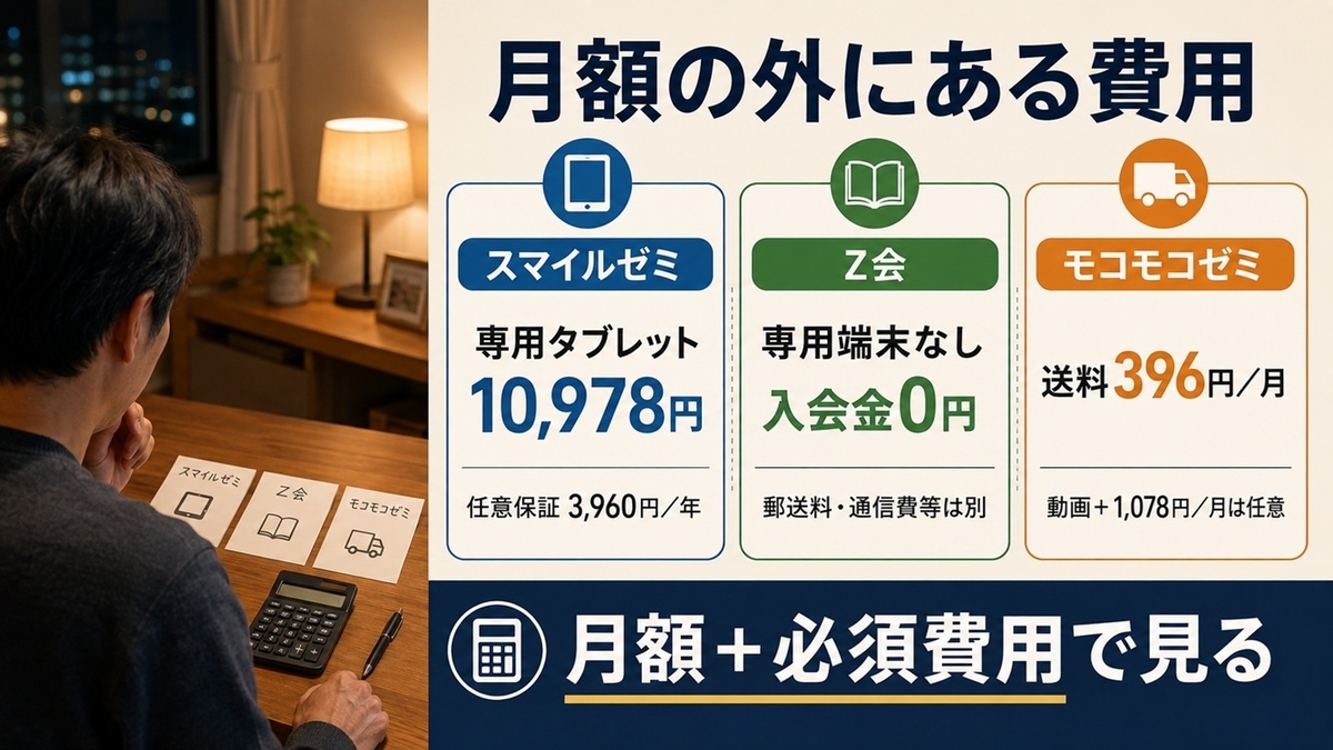 幼児通信教育3社のタブレット代・送料・入会金など月額以外の追加費用比較
