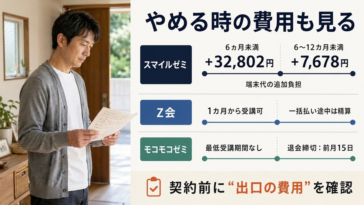 スマイルゼミ・Z会・モコモコゼミの途中退会時に確認したい料金条件比較