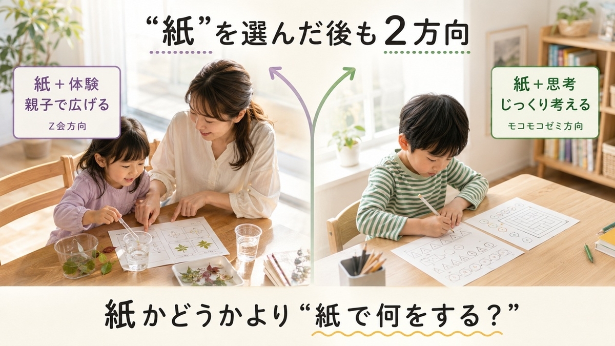 幼児向け紙教材を親子の体験学習と紙で考える思考学習の2種類に分けた図