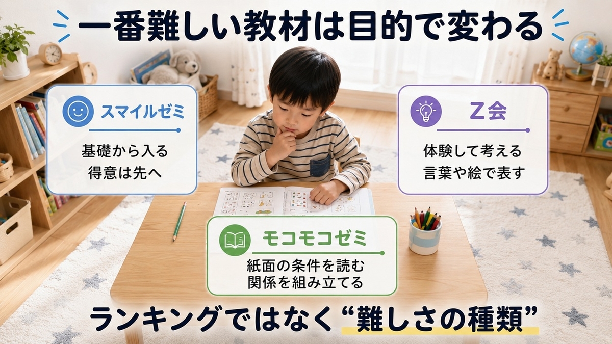 スマイルゼミ・Z会・モコモコゼミの難しさの種類を比較した図