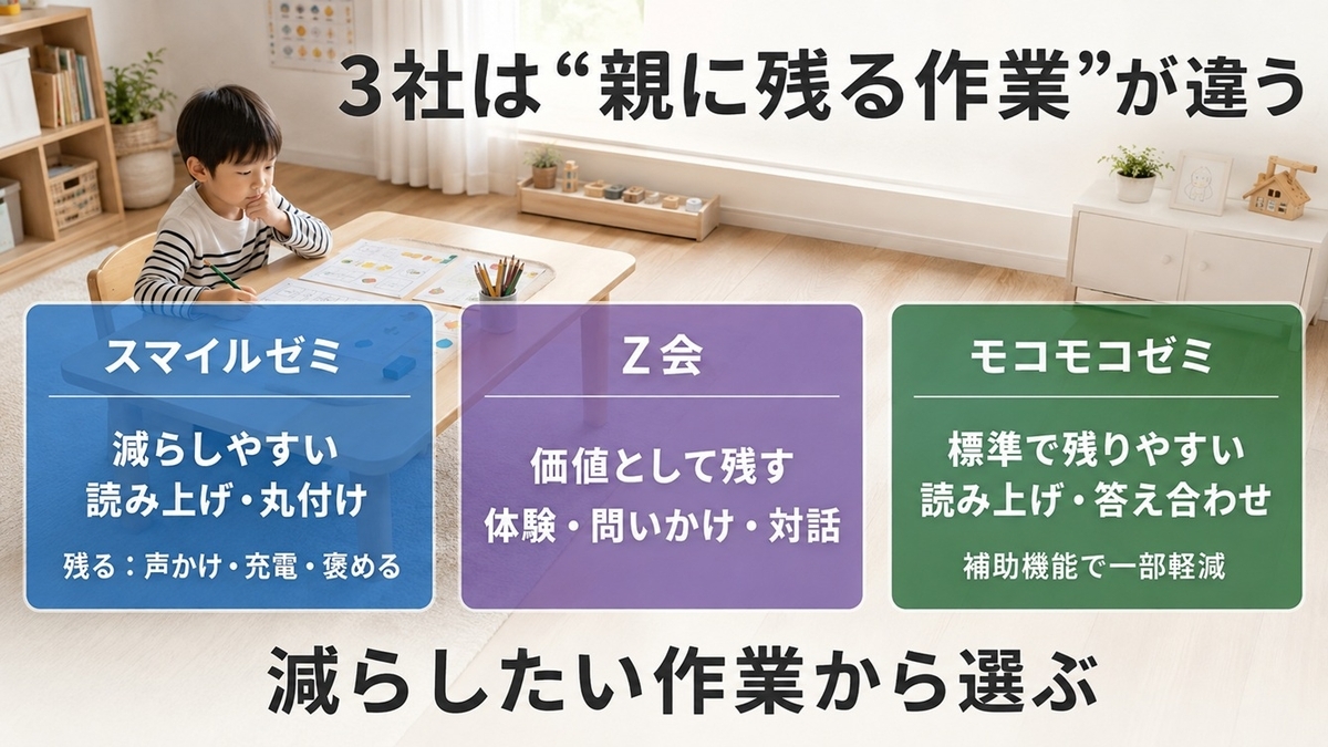 スマイルゼミ・Z会・モコモコゼミで親に残る読み上げ・丸付け・親子体験の違い
