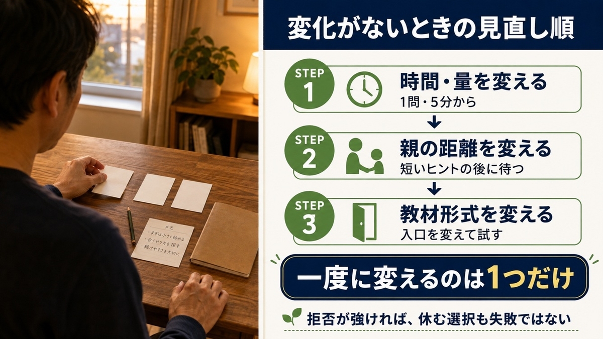 14日で変化が見えないときに時間・親の距離・教材形式を順番に見直す方法