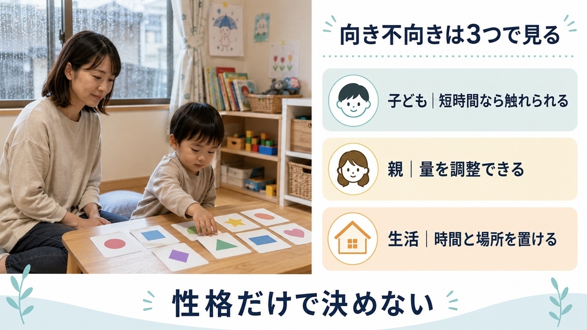 幼児通信教育が向く家庭を子ども・親・生活の3条件で確認する図