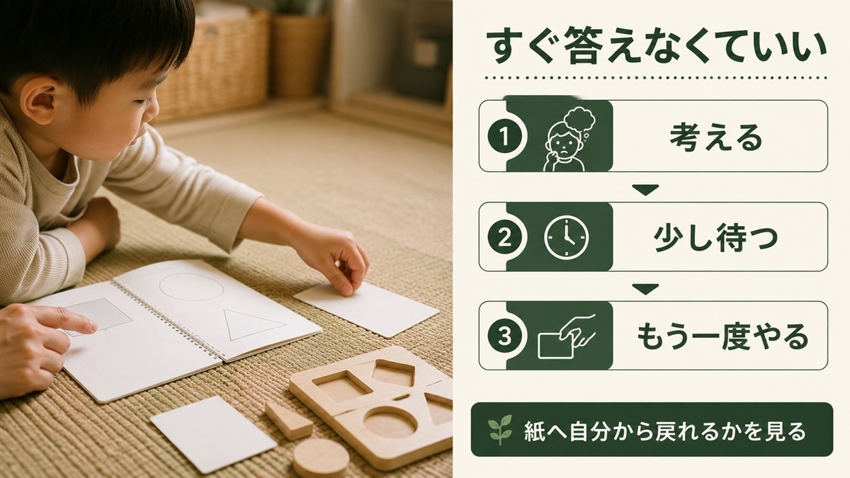 モコモコゼミ年少で紙カードやパズルを考えて再び取り組むイメージ