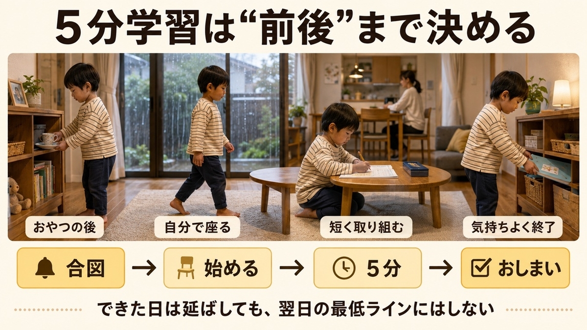 幼児が生活の合図から家庭学習を5分始めて気持ちよく終えるルーティン