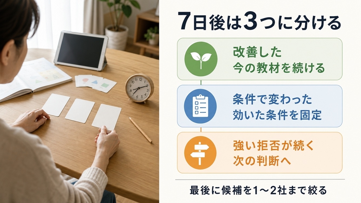 幼児通信教育を7日間見直した後に継続・調整・次の判断へ分ける3分岐