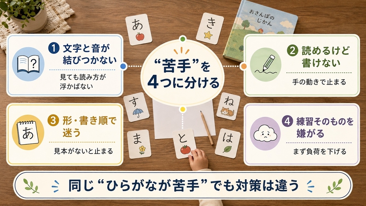 幼児のひらがなの苦手を文字と音・書く動き・字形と書き順・練習拒否の4タイプに分ける診断図