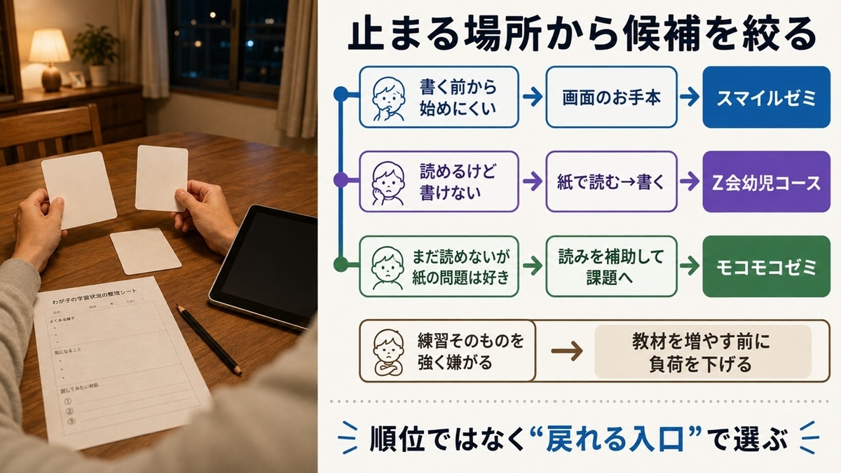 ひらがなの苦手タイプからスマイルゼミ・Z会幼児コース・モコモコゼミの候補を絞る分岐図