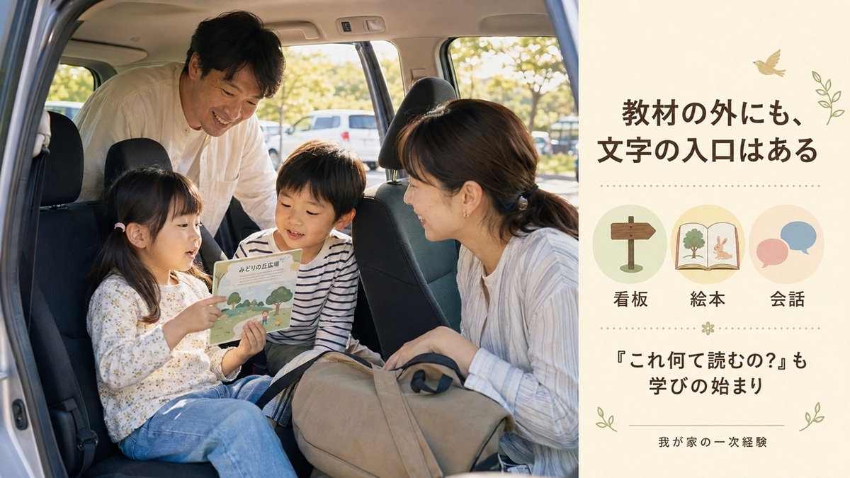 公園からの帰りに家族の会話を通して文字や言葉へ興味を広げる幼児の一次経験イメージ