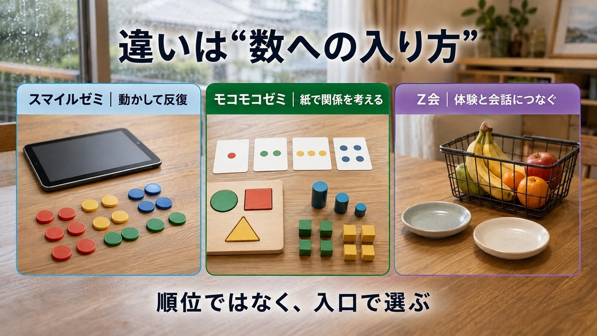 スマイルゼミ・モコモコゼミ・Z会の幼児向け数の学び方を入口別に比較
