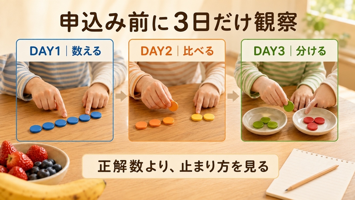幼児が数える・比べる・分ける様子を3日間観察する手順