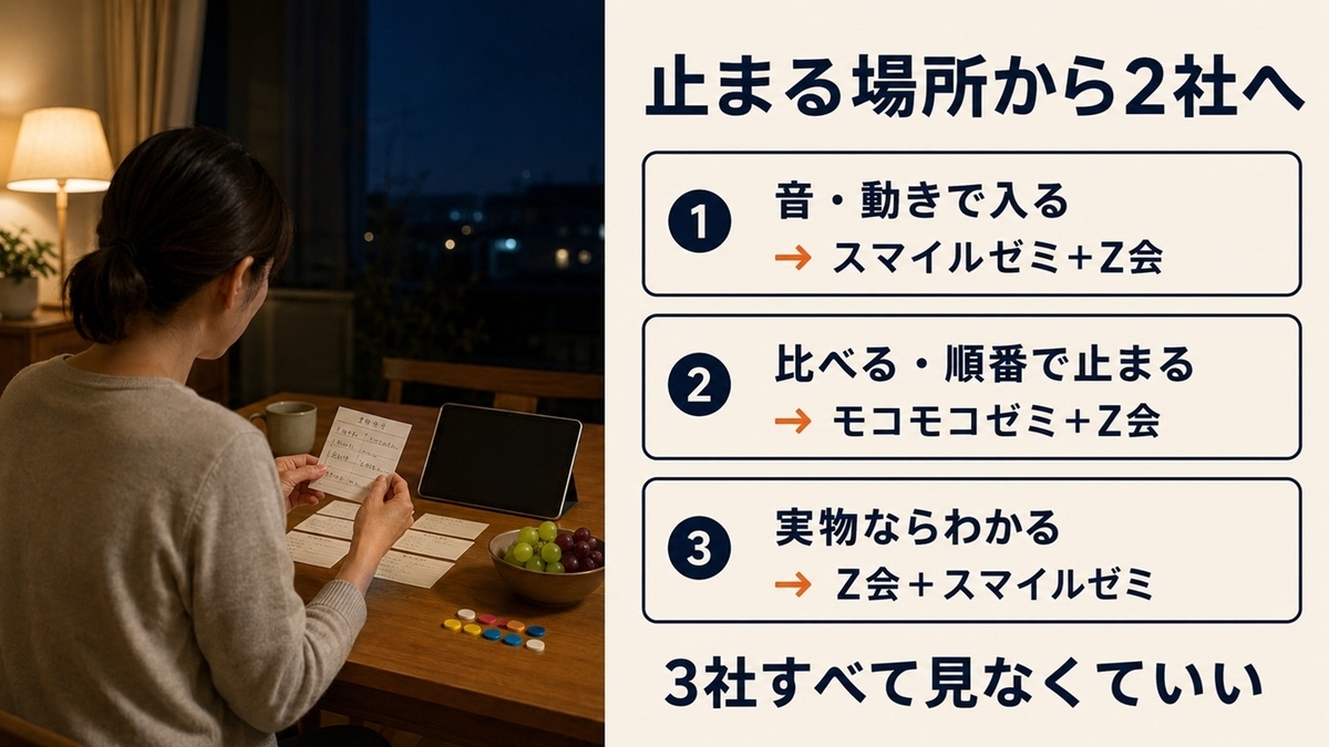 幼児が数で止まる場面から通信教育を2社まで絞る判断図