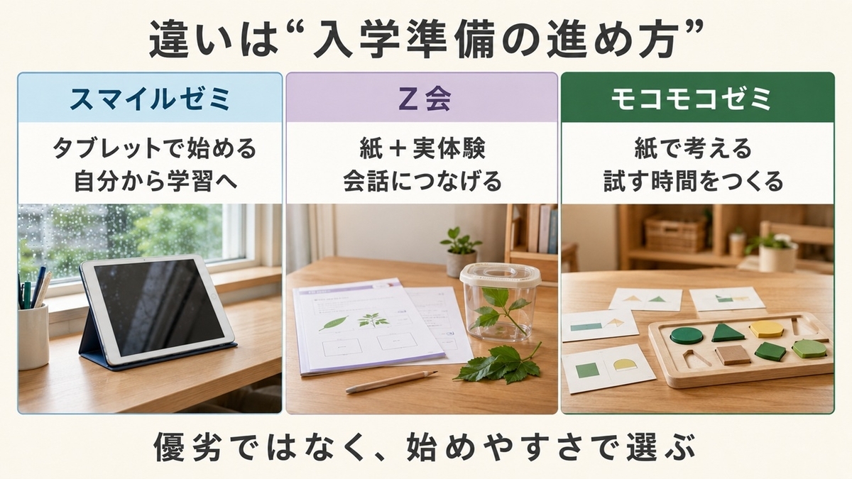 スマイルゼミ・Z会・モコモコゼミを年長の入学準備での学び方から比較した図