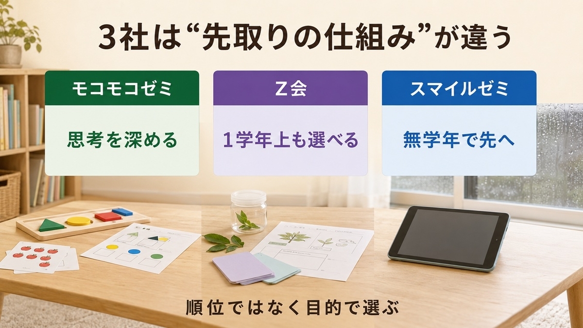 モコモコゼミ・Z会・スマイルゼミの幼児先取り学習の仕組みを比較した図