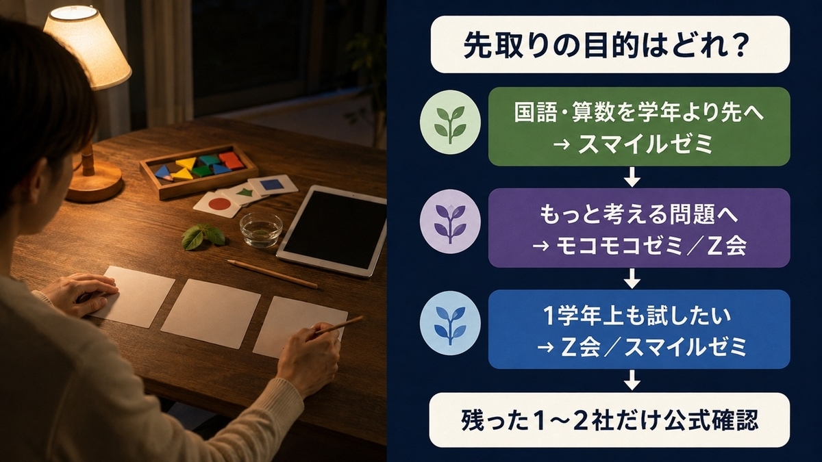 幼児の先取り学習の目的からモコモコゼミ・Z会・スマイルゼミを1〜2社に絞る判断図