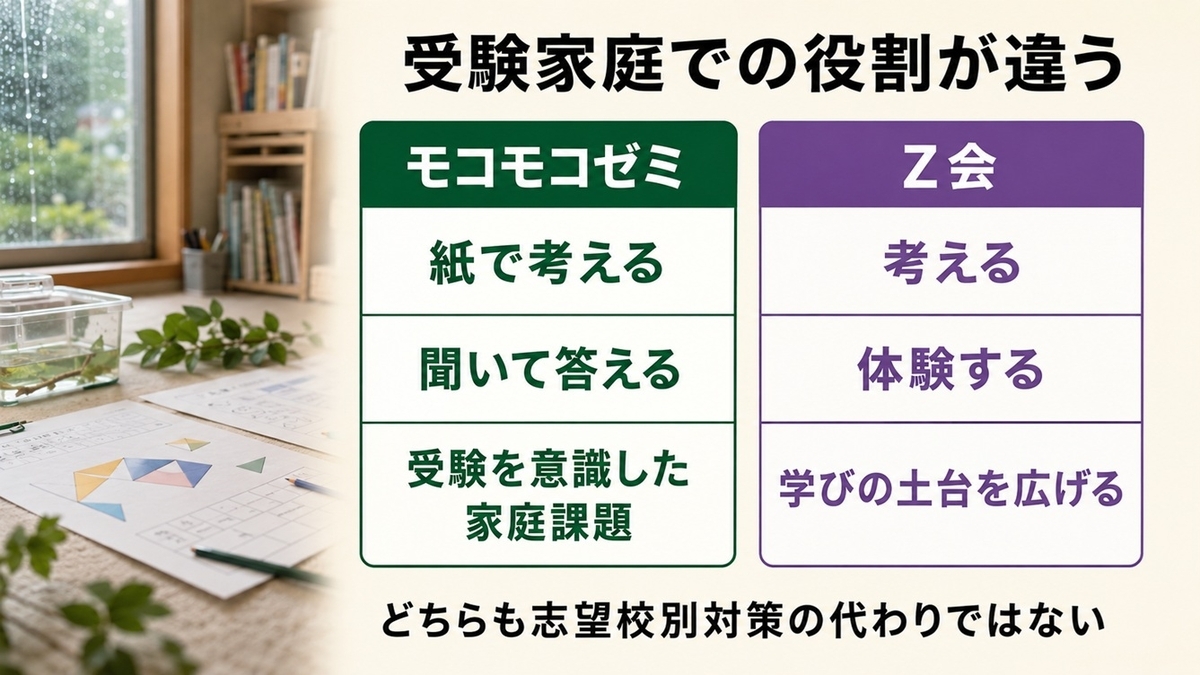 小学校受験家庭でのモコモコゼミとZ会幼児コースの役割比較