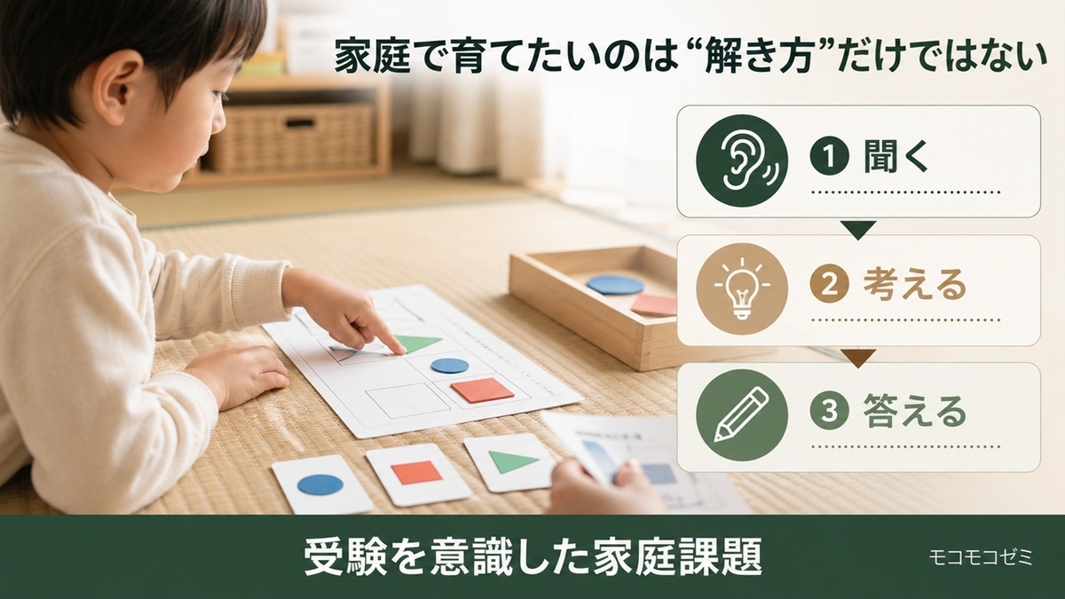 モコモコゼミを小学校受験家庭で聞く考える答える学習に使うイメージ