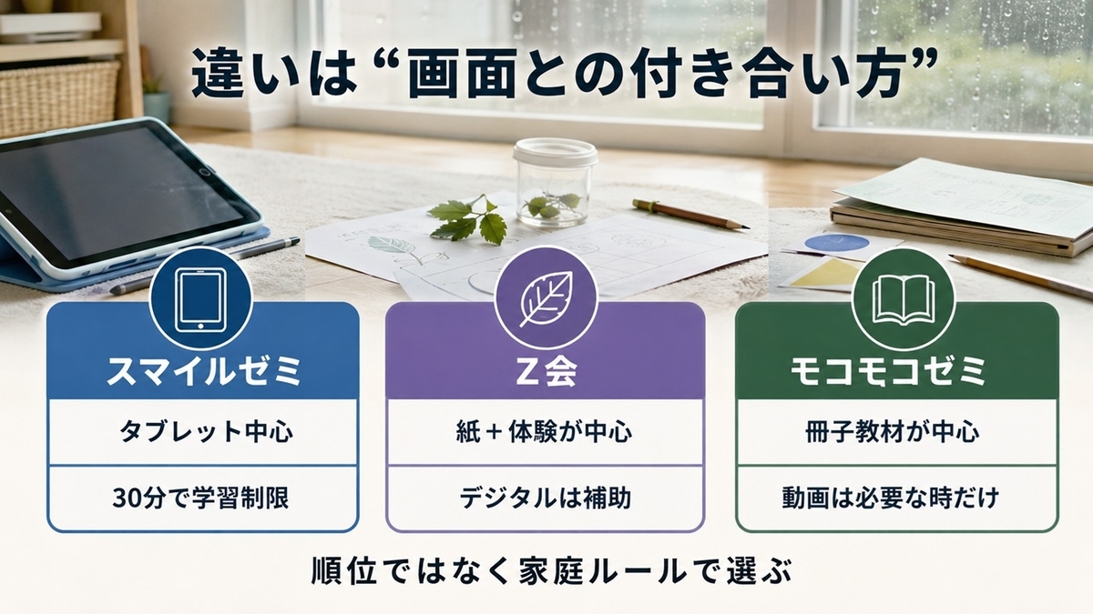 スマイルゼミZ会モコモコゼミを幼児の画面時間と教材形式で比較した図