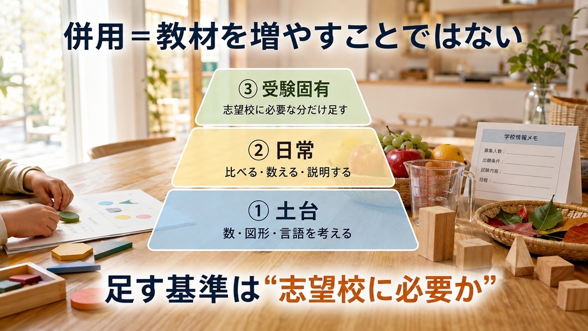 モコモコゼミと日常体験と志望校固有対策を3層に分けた小学校受験の併用設計