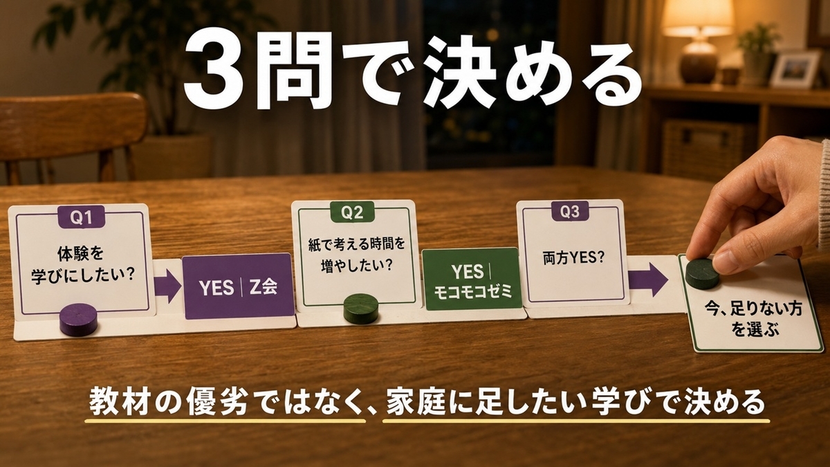 Z会幼児かモコモコゼミかを体験学習と紙の思考学習の3問で判断