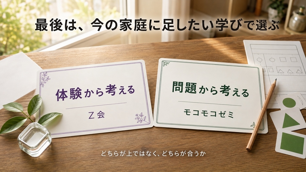 Z会幼児は体験から考える学び、モコモコゼミは問題から考える学びで最終比較