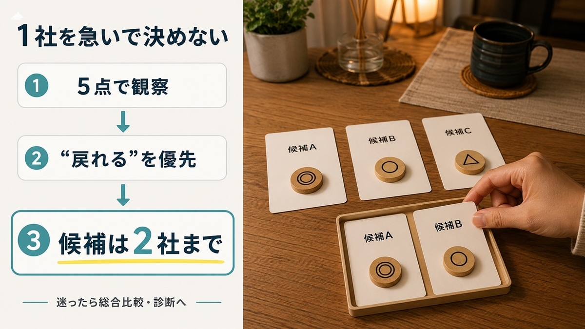 幼児通信教育の体験5項目を比較して候補を2社まで絞る判断フロー