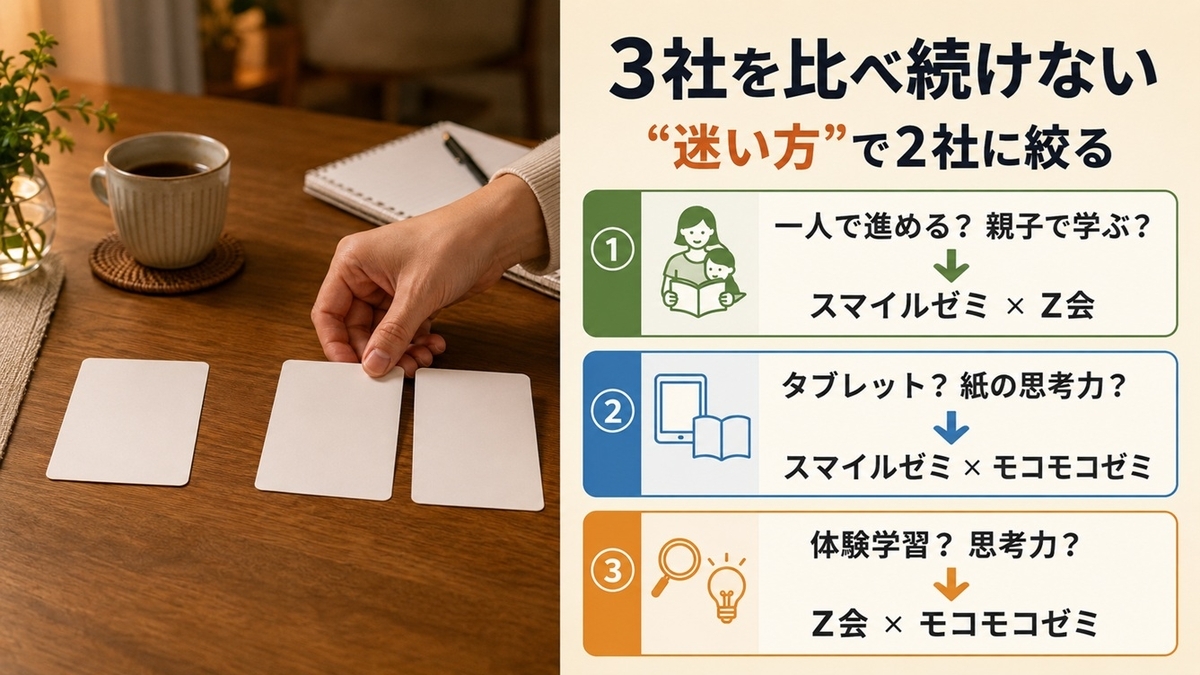 幼児通信教育3社からスマイルゼミ・Z会・モコモコゼミの2社比較へ絞る判断軸