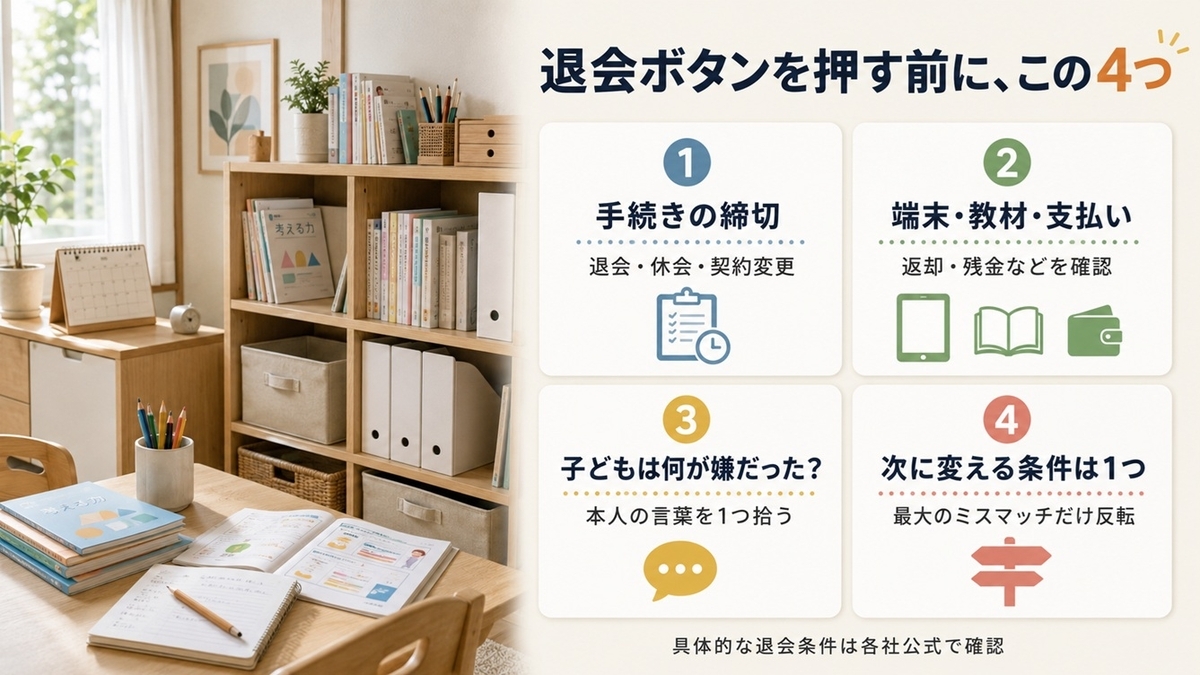 幼児通信教育を退会・乗り換えする前に確認する手続き・教材・子どもの理由・次の条件の4項目
