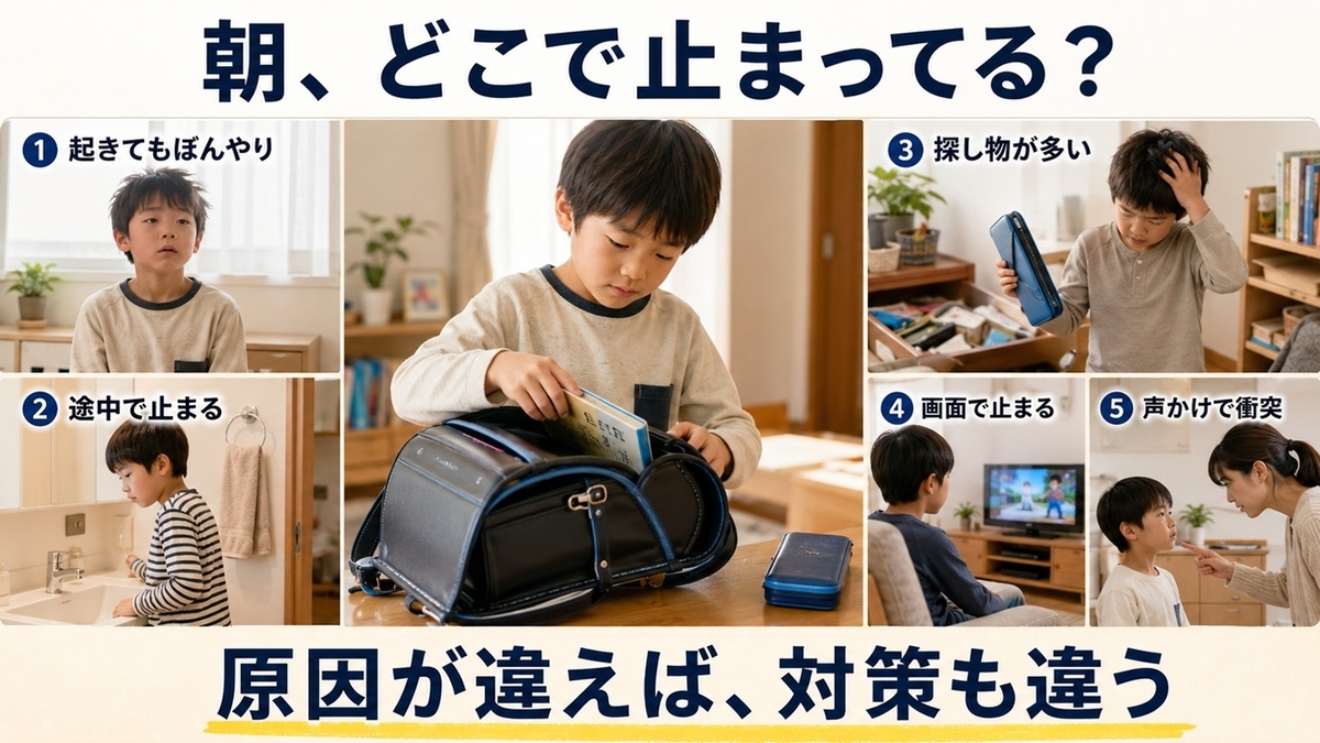 小学生の朝の支度が遅い5つの原因を確認するチェック図
