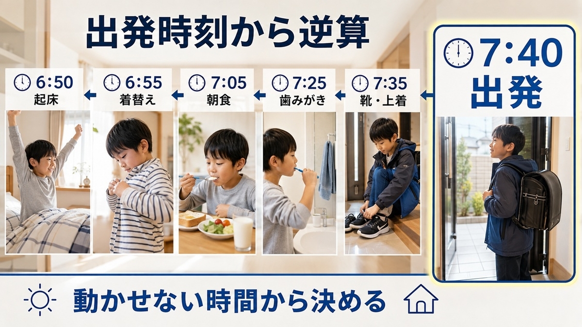 小学生の朝の支度を出発時刻から逆算する時間割の例