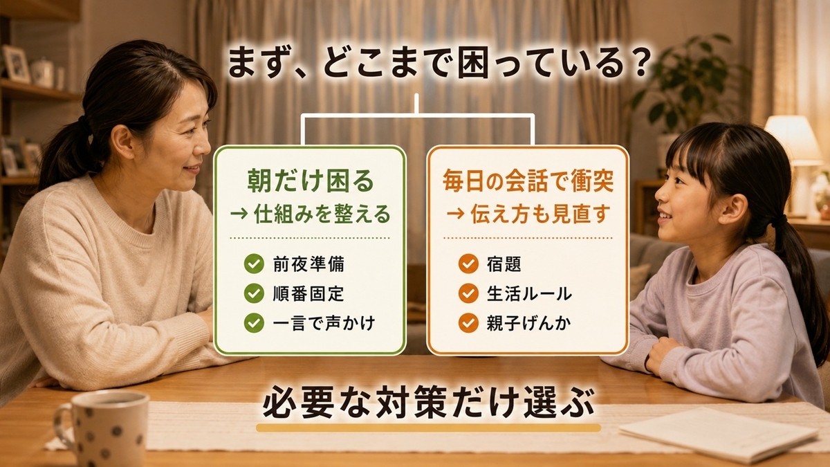 小学生の朝の支度だけの問題か親子の伝え方も見直すべきかの判断図