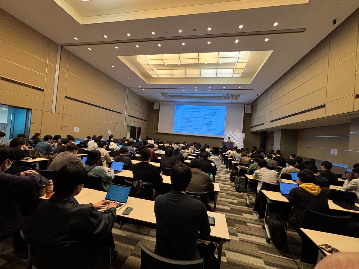 発表直前の会場の様子。前方に筆者、後方に多数の聴講者。