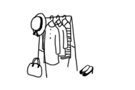 ハンガーラックに服と帽子がかかっているイラスト