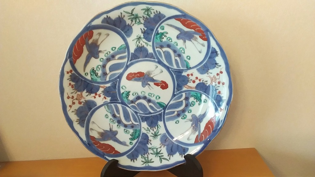 古伊万里 志田窯 染付大皿 松竹梅に鶴の図 幅：39cm 江戸後期/