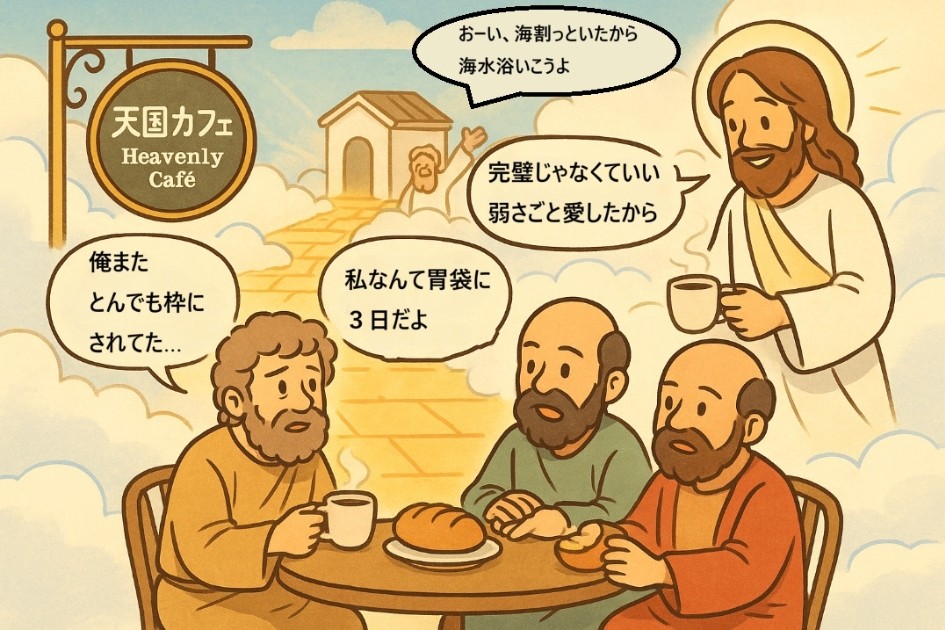 天国カフェで再会した弟子たちとイエス 弱さも愛される世界のイメージ
