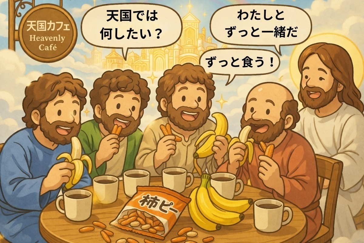 天国カフェのイラスト｜バナナと柿ピーを食べながら天国を楽しみに語る人たち