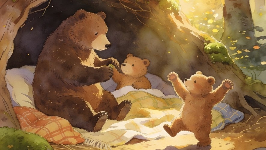 巣穴の中で子どもと過ごす親グマの穏やかな時間