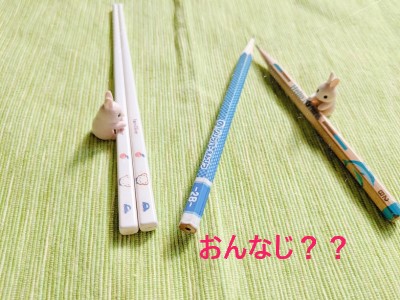 黄緑の背景に箸と2本の鉛筆を持ったうさぎのミニチュア