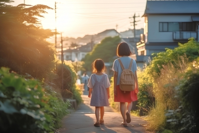 夕日の中を歩く親子