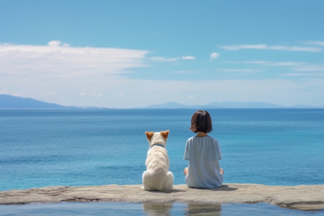 海を見る女の子と犬