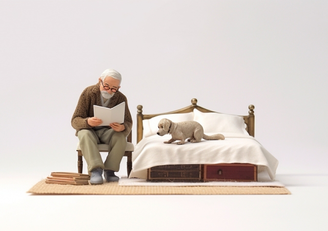 本を読むおじいさんと犬