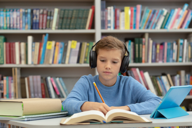 タブレットで勉強する男の子